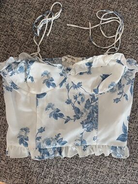 White and Light Blue Floral Ruffle Crop Top